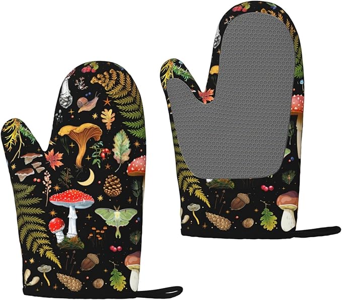 Mushroom Oven Mitts and Pot Holders 2pcs Set, Kitchen Oven Glove Heat Resistant Oven Mitts and Potholder with Non-Slip Silicone Surface for Cooking(1 Pair) - sugar skull oven mitts