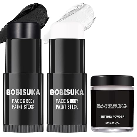 BOBISUKA Black White Face Paint Stick with Setting Powder Set, Eye Black Sticks for Sports, Body Paints for Clown Skeleton Vampire Skull Cosplay Special Effects Costume SFX Halloween Makeup Kit - sugar skull makeup kit