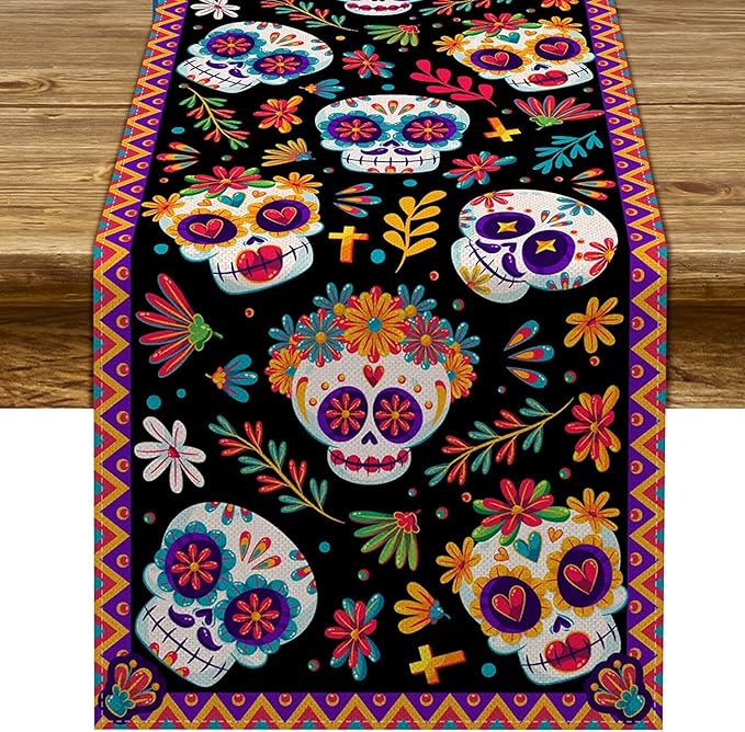 Pudodo Day of The Dead Table Runner Sugar Skull Dia De Los Muertos Mexican Festival Holiday Kitchen Dining Room Home Decoration (13" x 108") - sugar skull figurine collectible