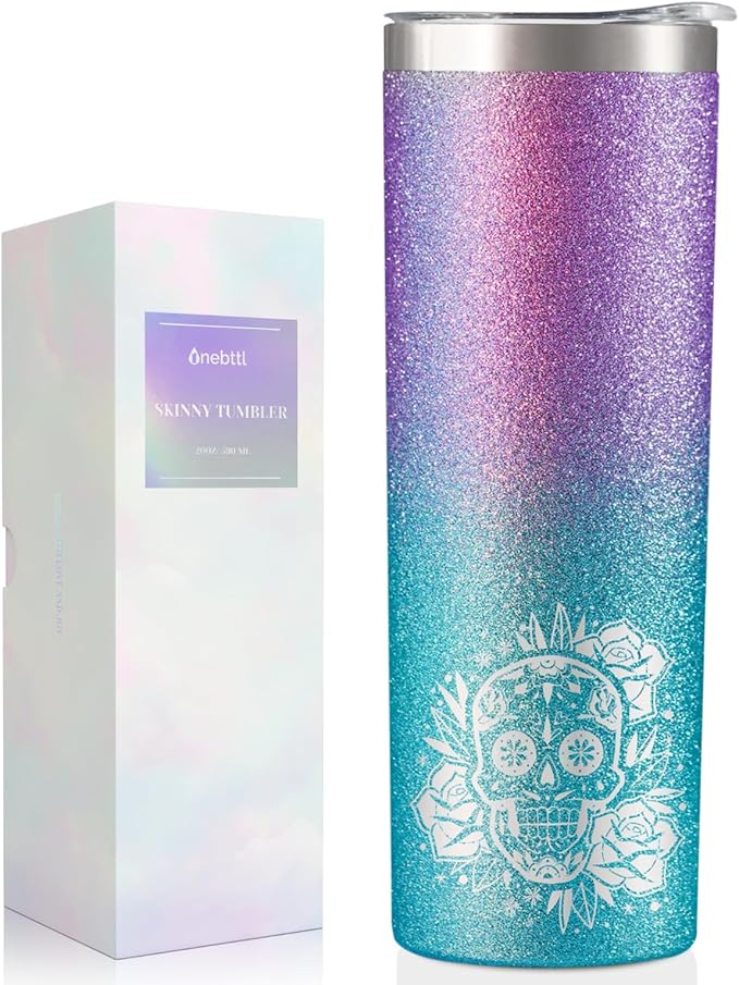 Onebttl Sugar Skull Gifts for Women, Day of the Dead, 20 oz Skinny Travel Tumbler with Lid, Brush, and Straw, Mexican Gifts (Blue-Violet Gradient) - sugar skull garden decor