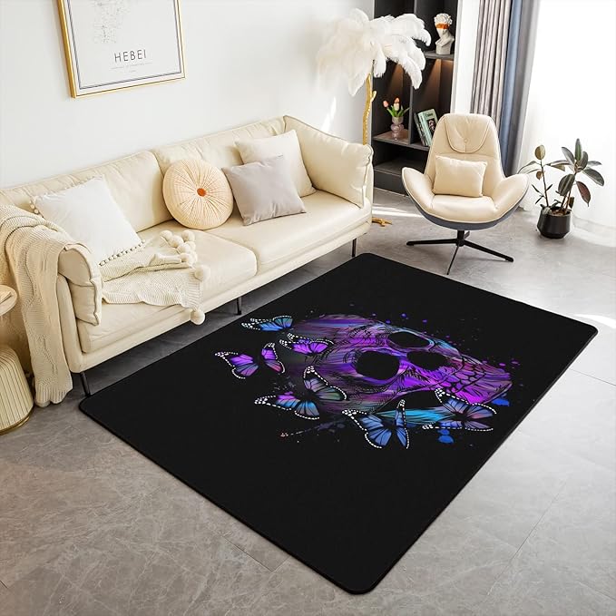 Purple Butterfly Skull Area Rug 5x7, Goth Sugar Skull Halloween Rug for Girls Teen Women, Retro Gothic Butterflies Skeleton Carpet for Bedside, Psychedelic Non Slip Decorative Rug - sugar skull area rug