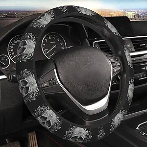 Mlanxi Gothic Black Skull 15 Inch Universal Steering Wheel Covers, Cute Car Accessories for Women and Girls - sugar skull car seat covers set