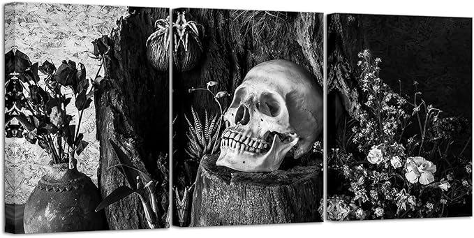 NutArtPic Skull Painting Day of the Dead Wall Art Black White Skull Flower Wall Picture Gothic Skeleton Canvas Gallery Wrapped (Black White, Small) - sugar skull poster print