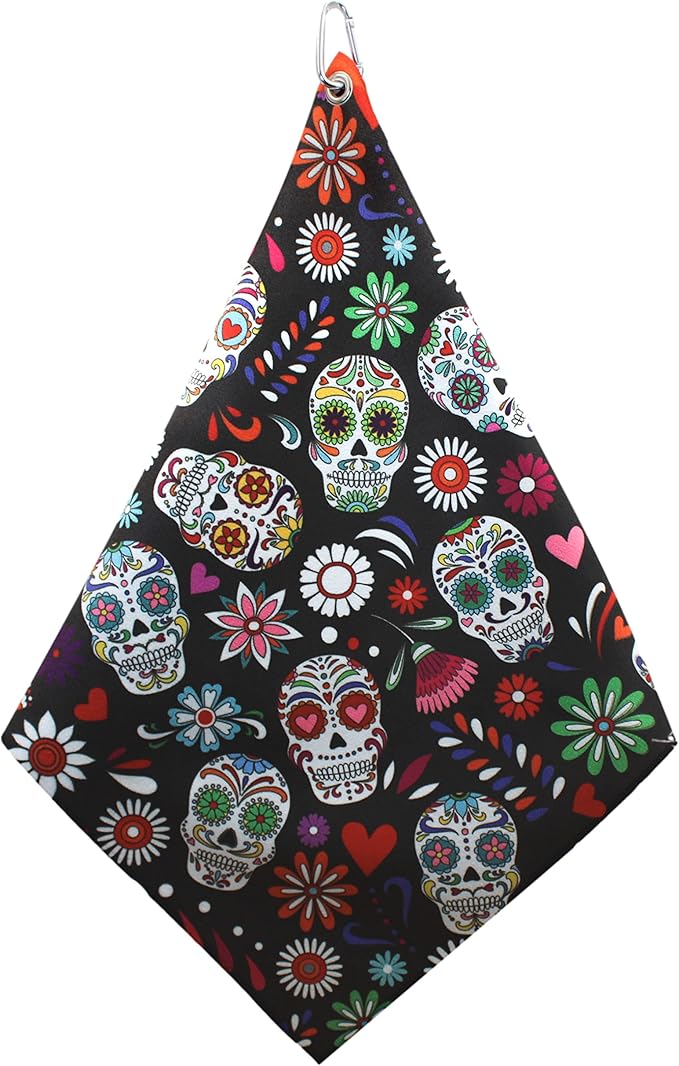 Microfiber 18” X 18” Golf Towel | Sugar Skull (Microfiber 18"x18" Towel, Black) - sugar skull beach towel