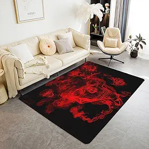 Sugar Skull Area Rug 3'x5' and Mats, Red Smoky Skeleton Decorative Carpet Set Floor Mat Decor,Halloween Gothic Bones Carpet,Machine Washable Non-Slip Living Room Rugs for Bedroom - sugar skull area rug