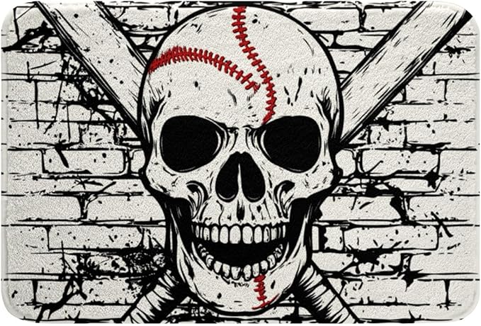 Sugar Skull Bath Mat 16"X 24" Baseball Bat Doormats Floor Mats for Youth Boys Teens Bathroom Decor, Gothic Skeleton Bone Bathroom Rugs Black White Baseball Sports Entryway Rug, Non Slip - sugar skull floor mat