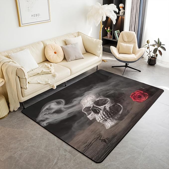 Sugar Skull Adult Area Rug for Lover Sweetheart Roses Carpet 5x7, Halloween Decorative Rug Men Smoke Fog Horror Gothic Nature Grey Black Print,Bedroom Living Room Bedside Home Decorative,Non Slip - sugar skull area rug
