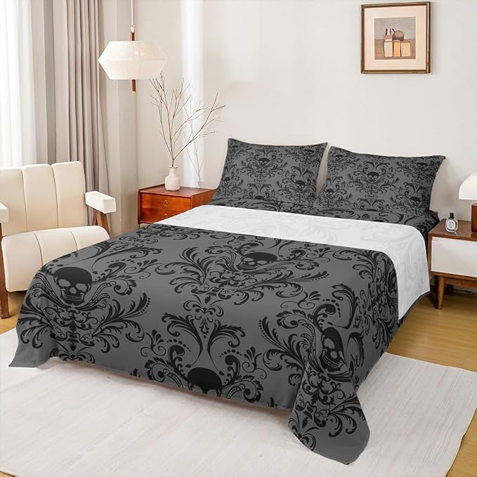 Adults Black Damask Sheet Set Antique Victorian Baroque Bed Sheets Set Twin Size Gothic Vintage Floral Sheets Exotic Sugar Skull Flat Fitted Sheet Twin,Gothic Bone Skeleton Bohemian Decor,Grey - sugar skull throw pillow