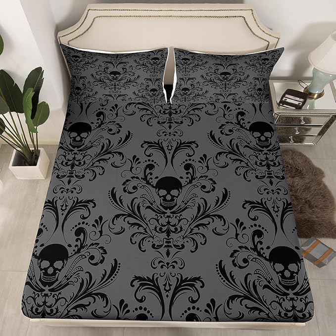 Adults Black Damask Bed Sheets Antique Victorian Baroque Fitted Sheet Queen Size Gothic Vintage Floral Sheets Exotic Sugar Skull Bedding Set Queen,Gothic Bone Skeleton Bohemian Decor,Grey - sugar skull bedding set
