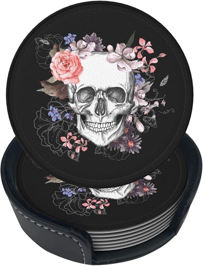 6 Pcs Sugar Skull Flower Leather Coasters for Drinks with Holder Coaster Sets Drink Table Cup Coasters for Living Room Kitchen Coffee Decor - sugar skull coasters set