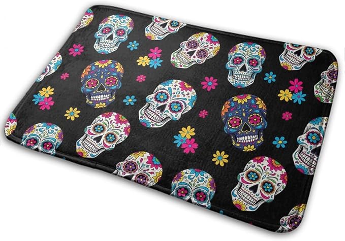 Funny Bath Mat Bathroom Rugs Compatible with Day Dead Colorful Sugar Skull Kitchen Mat, Tub Shower Bath Rug, Comfortable Memory Foam Water Absorbent Rug, Non-Slip Bedroom Toilet Indoor Mat - sugar skull toilet mat set