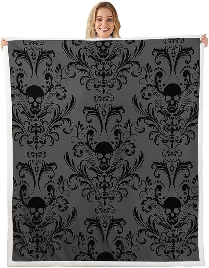 Erosebridal Adults Black Damask Throw Blanket Antique Victorian Baroque Blanket Gothic Vintage Floral Fleece Blanket Exotic Sugar Skull Blanket 40"x50", Gothic Bone Skeleton Bohemian Decor, Grey - sugar skull throw blanket
