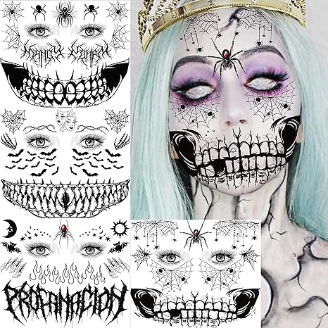 COKTAK 4 Sheet Scary Halloween Face Tattoos For Women Men Adults, Fake Wound Scars Witch Makeup For Halloween Chucky Zombie Makeup Kit, 3D Spider Web Face Tattoo Sticker Halloween Face Decals Paint - sugar skull temporary tattoo
