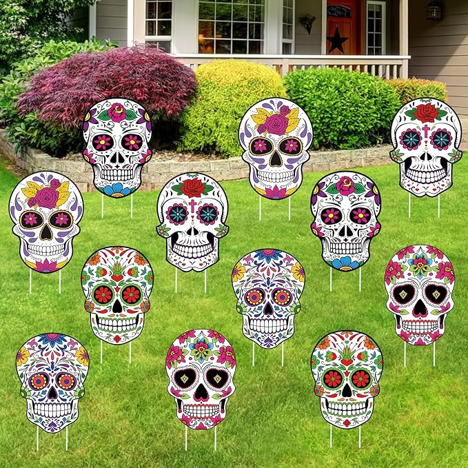 Thyle 12 Pcs 11.8 Inch Day of the Dead Yard Signs Sugar Skull Dia De Los Muertos Outdoor Decorations for Mexican Festival Halloween Gifts - sugar skull christmas decorations
