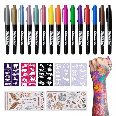 Temporary Tattoo Markers for Skin, 15 Colors Tattoo Pen + 50 Paint Stencils + 43 Tattoos Stickers, Glitter & Matte & Neon Glow Body Marker Set, Removable Fake Tattoos Kit for Teens and Adult - sugar skull makeup kit