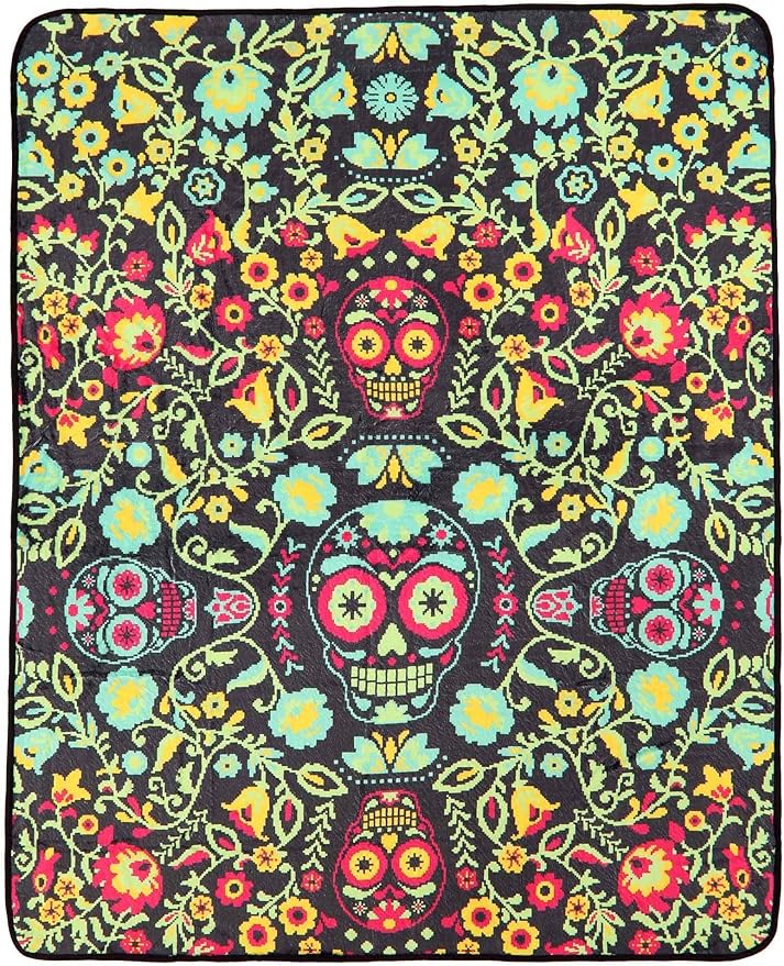 Fun Costumes Colorful Floral Sugar Skull Halloween Fleece Microfiber Throw Blanket 60" x 48" | Soft Comfy Spooky Home Decor ST - sugar skull throw blanket
