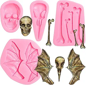 Skull Silicone Gummy Molds, Skeleton Crow Bone Chocolate Mold, Halloween Bat Wing Beak Fondant Baking Molds for Cake Decoration Cupcake Topper Candy Sugar Craft Gum Paste Clay Resin - sugar skull coffee cup