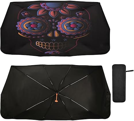 ALAZA Car Windshield Sun Shade Umbrella Day of The Dead Sugar Skull Black Front Window Sun Visor Protector Foldable Automotive Windshield Shade Sunshades Car Cover for Most Vehicles Sedan SUV - sugar skull car sunshade for windshield