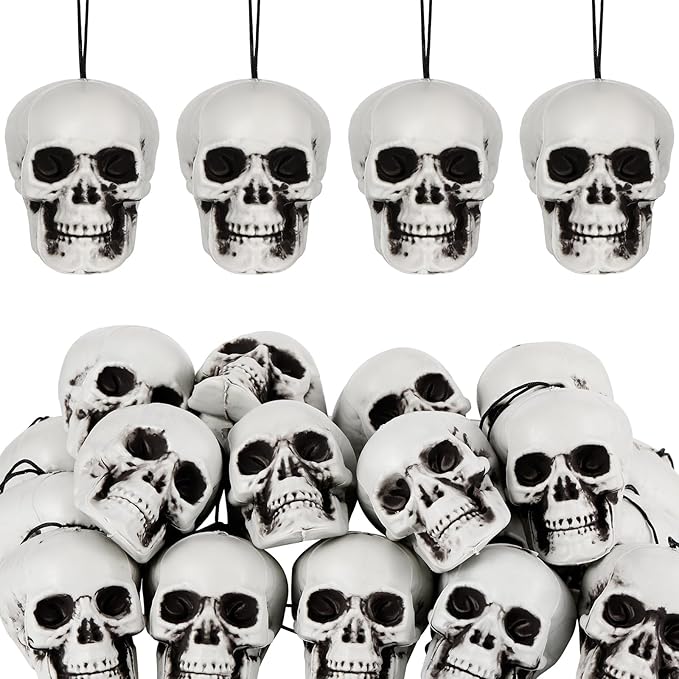 Lenwen 24 Pcs Horror Christmas Skull Hanging Tree Ornament Decor Plastic Mini Halloween Skulls Head Small Skeleton Head Decoration Hanging Ornament for Xmas Holiday Party Supplies (1.8x1.8x2.4'') - sugar skull christmas ornament