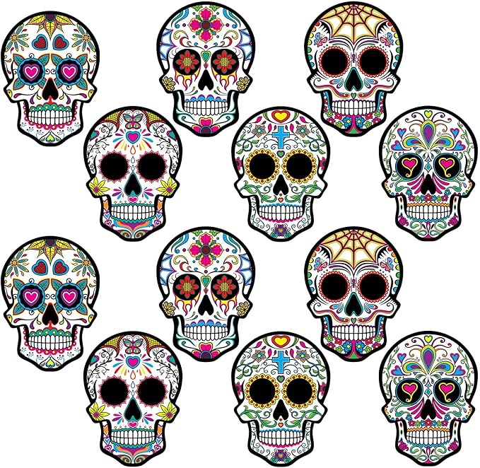 Beistle Day of the Dead Sugar Skull Cutouts – 12-Pack Double-Sided Printed Cardstock Decorations with 6 Colorful Designs for Dia de los Muertos Altars, Walls and Halloween Celebrations, 8¾" x 6¼" - sugar skull canvas wall art