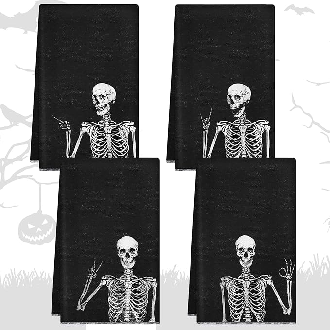 Kinlop 4 Pcs Halloween Kitchen Towels Decor Hand Dish Towels Halloween Skeleton Skull Rock and Roll Gothic Witchy Hippie Towel Gift Absorbent Drying Washcloth for Bathroom 24 x 16'' - sugar skull beach towel