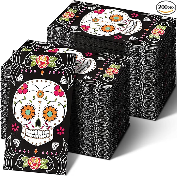 Karenhi 200 Pcs Day of the Dead Guest Napkins 2 Ply Halloween Sugar Skull Disposable Hand Towels for Bathroom Mexican Halloween Paper Towels Dia De Los Muertos Decoration Ofrenda Decorations for Altar - sugar skull christmas decorations