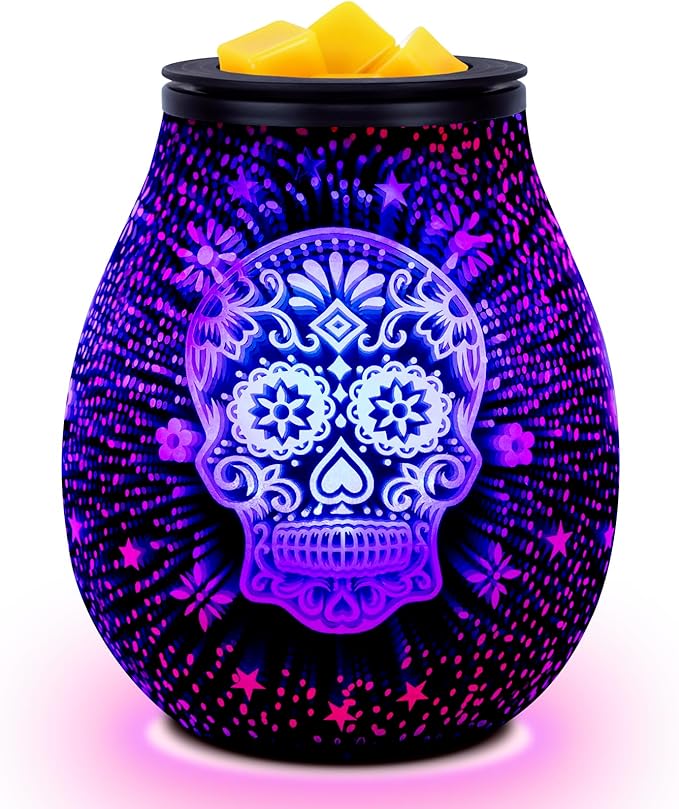EQUSUPRO Wax Melt Warmer Wax Melter Wax Burner for Scented Wax Melts Electric Fragrance Warmer for Wax Cubes & Tarts, Vivid 3D Design 7 Colors LED Light Gift & Decor for Home Office (3D Skeleton) - sugar skull table lamp