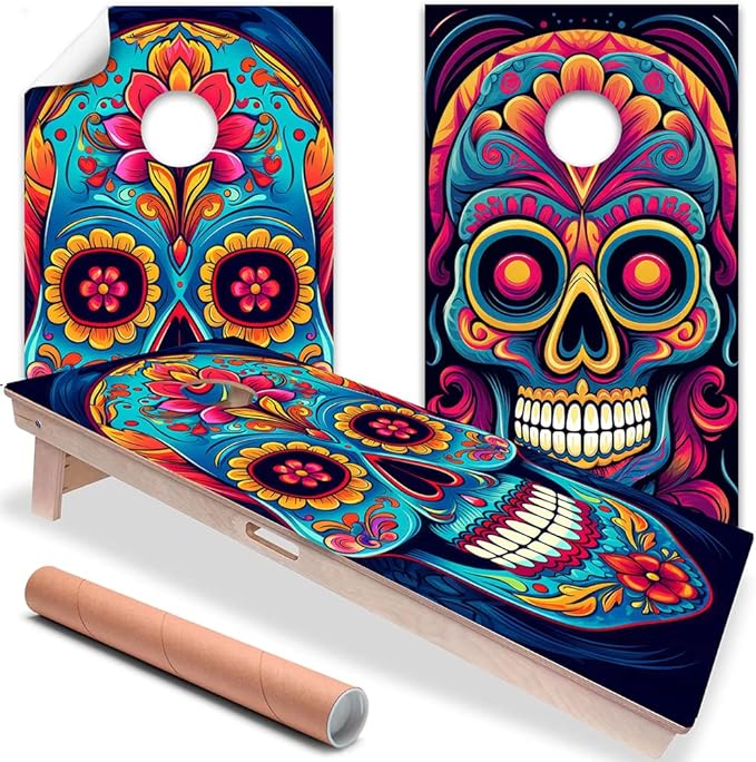 Cornhole Board Wraps and Decals for Boards Set of 2 Skins Professional Vinyl Covers Sticker - Large Sugar Skulls Day of The Dead Halloween Cornhole Decal for Boards Covers Sticker Cornhole Vinyl Wraps - sugar skull plates set