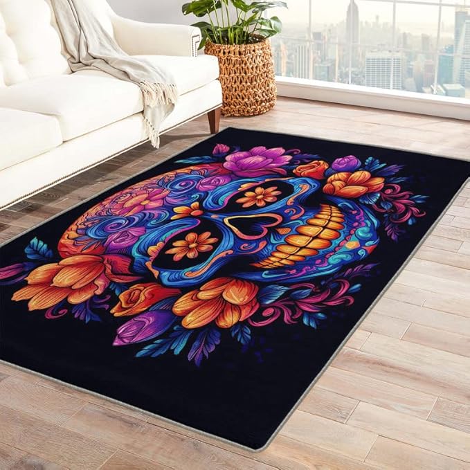 Washable Rugs for Living Room Bedroom, Sugar Skull Rug & Home Decor, Mexican Day of The Dead Area Rug 4x6, Non Slip Soft Low Pile Non-Shedding Indoor Carpet, Decorative Patterned Rug - sugar skull area rug