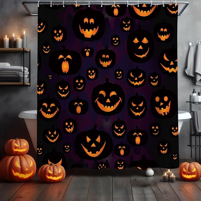 MEHOFOND Halloween Pumpkin Shower Curtain - Evil Purple Fall Bathroom Decor - Washable Durable Fabric 72x72 Inch - sugar skull shower curtain set
