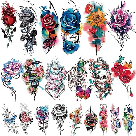 77 Sheets Temporary Tattoo, 17 Sheets Half Arm Flower Rose Skull Butterfly Snake Fake Tattoos for Adults, 60 Sheets Tiny Waterproof Temporary Tattoos Body Art Sticker Realistic for Women Girls or Kids - sugar skull temporary tattoo