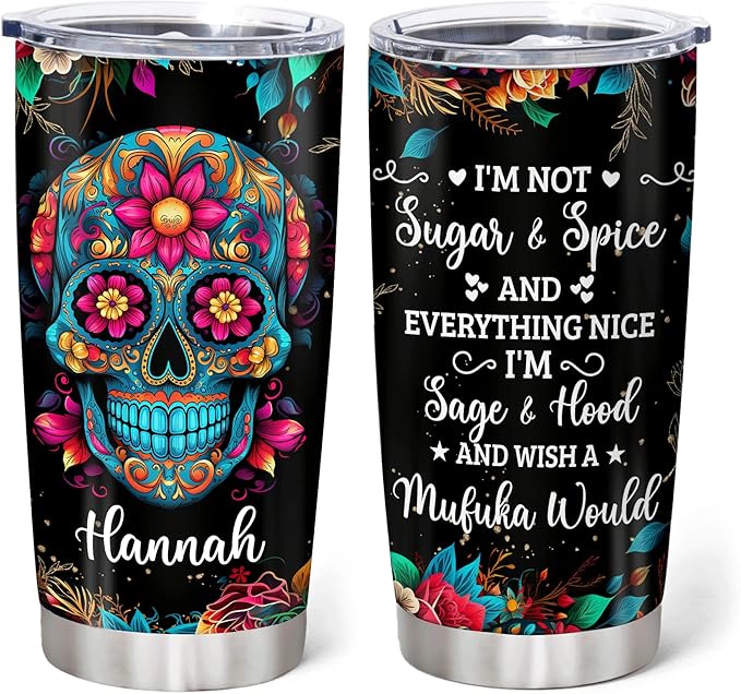Hyturtle Personalized Sugar Skull Tumbler Gifts for Skull Lovers - Goth Tumbler - Skull Gothic Birthday Gifts for Girls Women - Skull Tumbler - Custom Name 20oz Insulated Stainless Steel Tumbler - sugar skull tumbler with straw