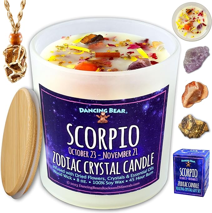 DANCING BEAR Scorpio Zodiac Candle Gift Box Set with 3 Healing Crystals & Stone Holder Necklace, 100% Soy Scented Wax, Crackling Wood Wick, 45 Hour Burn Time - sugar skull candle holder