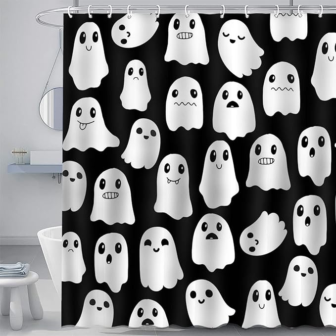 Mocsicka Halloween Shower Curtain Spooky Ghost Waterproof Fabric Bath Shower Curtain Decor Sets with 12 Hooks, 72 x 72 in - sugar skull shower curtain set