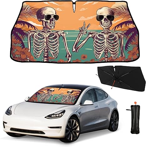Funny Skull Car Umbrella Sun Shade Cover Hippie Skeleton Foldable Car Windshield Sun Shade Umbrella Block UV Rays Heat Keep Vehicle Cool for Cars SUV Trucks 57"x30" - sugar skull car sunshade for windshield