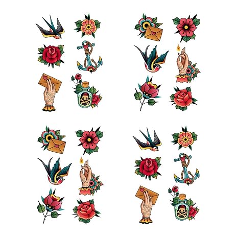 Anchor Skull Swallow Temporary Tattoo Sticker Waterproof Adult Men Women Hand Arm Shoulder Body Art 15X11cm Set of 4 (SF203) - sugar skull temporary tattoo