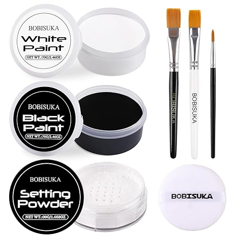 BOBISUKA Black & White Face Body Paint + Setting Powder + 3PCS Artist Brushes Face Painting Kit for Adult Large Capacity Professional Oil Based Cream Paints Palette For Halloween Clown Skeleton Vampir - sugar skull makeup kit