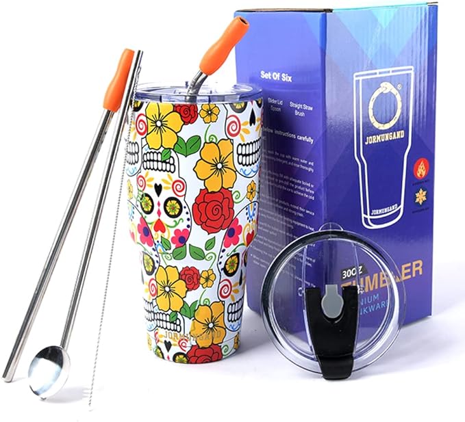 Jormungand 30 oz Tumbler with Straw Stainless Steel Vacuum Insulated Water Bottle with Replacement Lids Cup Holder Friendly Coffee Mug with Leak Proof Lid Gift for Women&Men (Sugar Skull 01) - sugar skull coffee cup