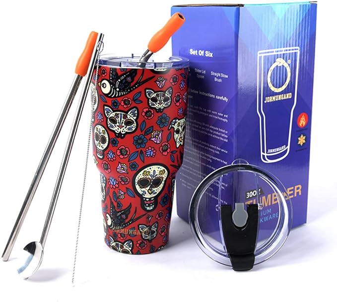 Jormungand 30 oz Tumbler with Straw Stainless Steel Vacuum Insulated Water Bottle with Replacement Lids Cup Holder Friendly Coffee Mug with Leak Proof Lid Gift for Women&Men (Sugar Skull 02) - sugar skull tumbler with straw