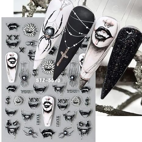 5D Embossed Halloween Nail Art Stickers Day of Death Black Lip Nail Sticker Decal Nail Art Decoration Supplies Horror Spooky Spider Evil Eye Skull Bone Halloween Self-adhesive Nail Design for Women Girls (halloween-1) - sugar skull nail art