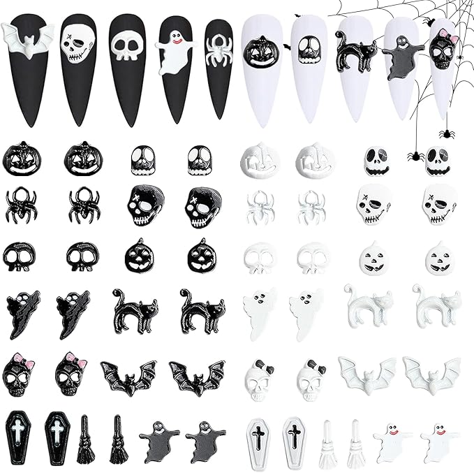 52 Pcs 3D Halloween Nail Art Charms, CYHYII Pumpkin Spider Skull Skeleton Cross Alloy Black and White Nail Art Jewelry for Women Girls Halloween Nail Decoration DIY Crafts - sugar skull nail art