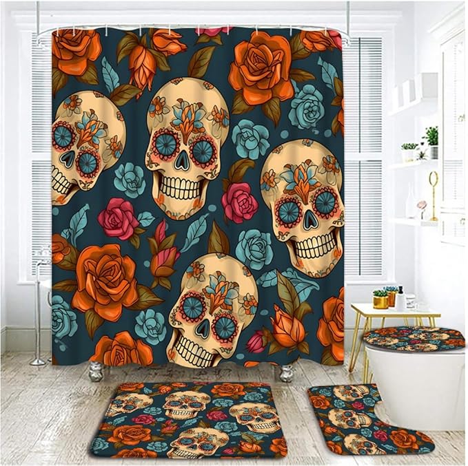 4 Piece Sugar Skull Shower Curtain Sets with Rugs, Toilet Lid Cover ,Vintage Gothic Rose Flower Skull Orange Blue Horror Skeleton Human Green Leaves Halloween Bathroom Shower Curtain with 12 Hooks - sugar skull toilet mat set