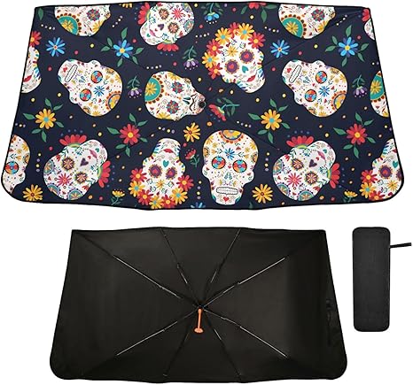 Sugar Skull Flower Halloween Windshield Sun Shade Umbrella Day of The Dead Foldable Car Front Window Sunshade Blocks UV Rays Heat Keep Vehicle Cool (55" x 27.5") - sugar skull car sunshade for windshield