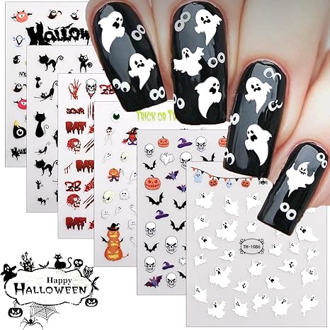 12 Sheets Halloween Nail Art Stickers Decals Glow in The Dark, Cute Spider Web Pumpkin Ghost Skull Bat 3D Design Self-Adhesive Nail Art Decals, DIY Manicure Decoration Supplies for Women Kids - sugar skull nail art