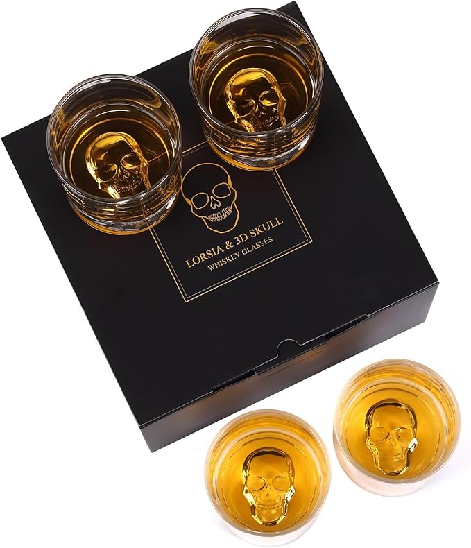 Hand Blown Crystal Skull Whiskey Glasses, Set of 4 Bourbon Glasses In Gift Box - 10 Oz Old Fashioned Glasses for Scotch, Cocktail, Rum - Perfect Gifts for Halloween, Christmas, Thanksgiving for Men - sugar skull wine glass