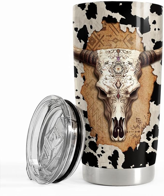 SANDJEST Skull Cow Tumbler 20oz Stainless Steel Insulated Tumblers Coffee Travel Mug Cup Cows Gifts for Men Women Gift for Birthday Christmas - sugar skull tumbler with straw