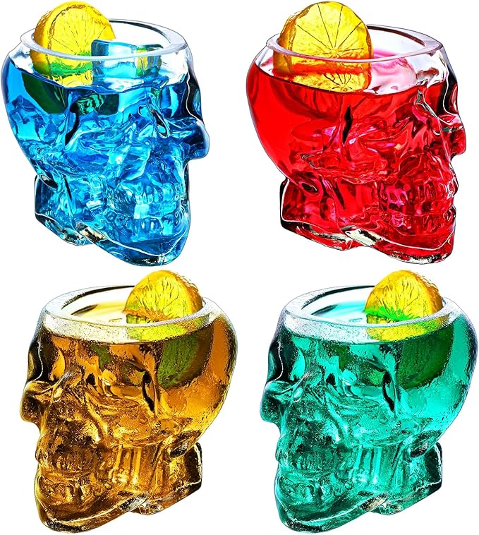 Dandat 4 Pcs Skull Glass Cup 12 oz Wine Glass Multipurpose Clear Skull Face Drinking Cup for Cocktail Margarita Whiskey Juice for Halloween Themed Party Decorations Gifts - sugar skull coffee cup