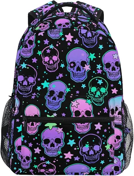 Student School Bag Stars Purple Skulls Backpack for Girls Boys College Bookbag Laptop Rucksack Travel Backpack for Adult Teen Casual Daypack - best sugar skull backpack