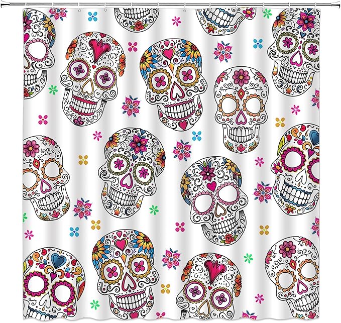 Sugar Skull Shower Curtain Skeleton Floral Mexican Day of The Dead Horror Boho Colorful Flowers Skull Bathroom Curtain Fabric with Hooks(70" WX70 H) - sugar skull shower curtain set