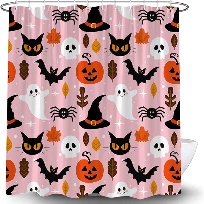 Pink Halloween Shower Curtain Cute Ghost Pumpkin Spooky Black Cat Scary Skull Horror Bat Magic Witch Hat Gothic Spider Web Bath Curtain with Hooks - sugar skull shower curtain set